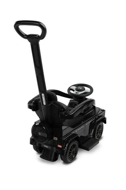 The Mercedes G 350 D vehicle from Toyz is a licensed ride-on, walker and pusher in one. Its appearance reflects the appearance of the cult G-class cars. Using the opening barriers, retractable footrests and a handle to guide the vehicle, it becomes a pusher designed for the youngest children. By disassembling individual elements, the parent can quickly transform it into a ride-on for the child to move on his own. Driving a Mercedes will be diversified by a steering wheel with sound effects.