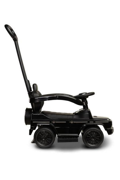 The Mercedes G 350 D vehicle from Toyz is a licensed ride-on, walker and pusher in one. Its appearance reflects the appearance of the cult G-class cars. Using the opening barriers, retractable footrests and a handle to guide the vehicle, it becomes a pusher designed for the youngest children. By disassembling individual elements, the parent can quickly transform it into a ride-on for the child to move on his own. Driving a Mercedes will be diversified by a steering wheel with sound effects.