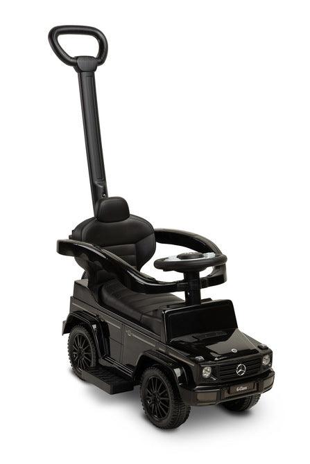 The Mercedes G 350 D vehicle from Toyz is a licensed ride-on, walker and pusher in one. Its appearance reflects the appearance of the cult G-class cars. Using the opening barriers, retractable footrests and a handle to guide the vehicle, it becomes a pusher designed for the youngest children. By disassembling individual elements, the parent can quickly transform it into a ride-on for the child to move on his own. Driving a Mercedes will be diversified by a steering wheel with sound effects.