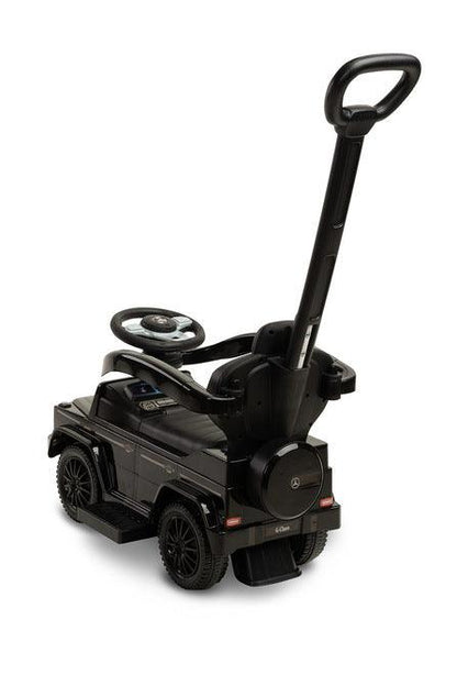 The Mercedes G 350 D vehicle from Toyz is a licensed ride-on, walker and pusher in one. Its appearance reflects the appearance of the cult G-class cars. Using the opening barriers, retractable footrests and a handle to guide the vehicle, it becomes a pusher designed for the youngest children. By disassembling individual elements, the parent can quickly transform it into a ride-on for the child to move on his own. Driving a Mercedes will be diversified by a steering wheel with sound effects.