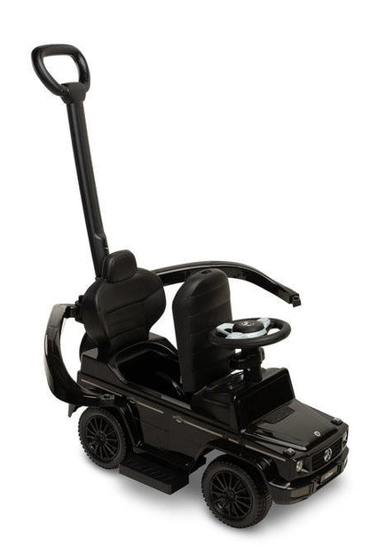 The Mercedes G 350 D vehicle from Toyz is a licensed ride-on, walker and pusher in one. Its appearance reflects the appearance of the cult G-class cars. Using the opening barriers, retractable footrests and a handle to guide the vehicle, it becomes a pusher designed for the youngest children. By disassembling individual elements, the parent can quickly transform it into a ride-on for the child to move on his own. Driving a Mercedes will be diversified by a steering wheel with sound effects.