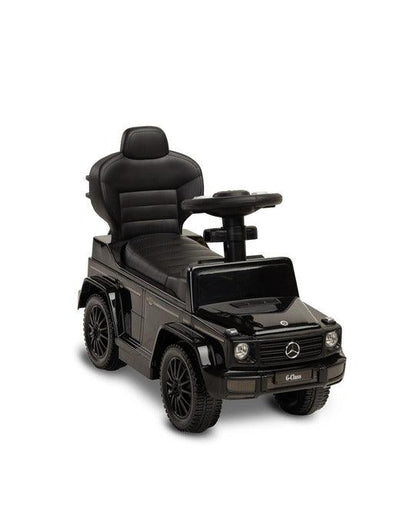 The Mercedes G 350 D vehicle from Toyz is a licensed ride-on, walker and pusher in one. Its appearance reflects the appearance of the cult G-class cars. Using the opening barriers, retractable footrests and a handle to guide the vehicle, it becomes a pusher designed for the youngest children. By disassembling individual elements, the parent can quickly transform it into a ride-on for the child to move on his own. Driving a Mercedes will be diversified by a steering wheel with sound effects.