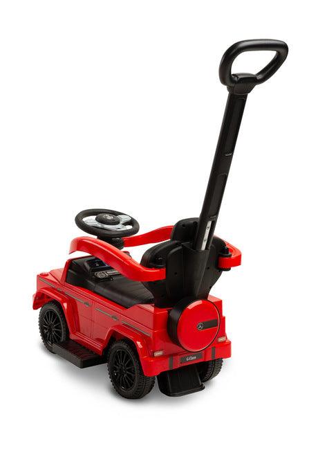 The Mercedes G 350 D vehicle from Toyz is a licensed ride-on, walker and pusher in one. Its appearance reflects the appearance of the cult G-class cars. Using the opening barriers, retractable footrests and a handle to guide the vehicle, it becomes a pusher designed for the youngest children. By disassembling individual elements, the parent can quickly transform it into a ride-on for the child to move on his own. Driving a Mercedes will be diversified by a steering wheel with sound effects.