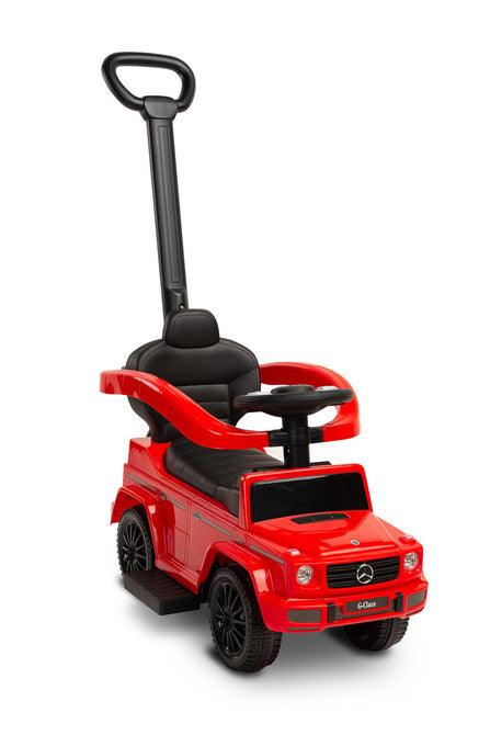 The Mercedes G 350 D vehicle from Toyz is a licensed ride-on, walker and pusher in one. Its appearance reflects the appearance of the cult G-class cars. Using the opening barriers, retractable footrests and a handle to guide the vehicle, it becomes a pusher designed for the youngest children. By disassembling individual elements, the parent can quickly transform it into a ride-on for the child to move on his own. Driving a Mercedes will be diversified by a steering wheel with sound effects.