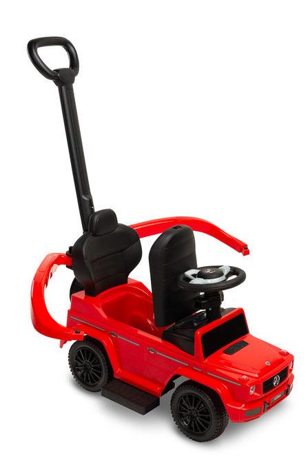 The Mercedes G 350 D vehicle from Toyz is a licensed ride-on, walker and pusher in one. Its appearance reflects the appearance of the cult G-class cars. Using the opening barriers, retractable footrests and a handle to guide the vehicle, it becomes a pusher designed for the youngest children. By disassembling individual elements, the parent can quickly transform it into a ride-on for the child to move on his own. Driving a Mercedes will be diversified by a steering wheel with sound effects.