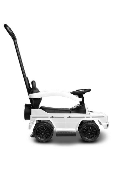 The Mercedes G 350 D vehicle from Toyz is a licensed ride-on, walker and pusher in one. Its appearance reflects the appearance of the cult G-class cars. Using the opening barriers, retractable footrests and a handle to guide the vehicle, it becomes a pusher designed for the youngest children. By disassembling individual elements, the parent can quickly transform it into a ride-on for the child to move on his own. Driving a Mercedes will be diversified by a steering wheel with sound effects.