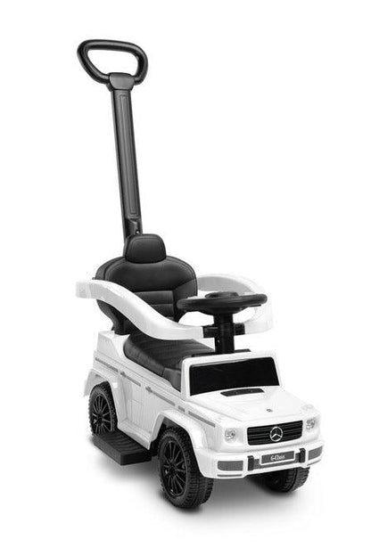 The Mercedes G 350 D vehicle from Toyz is a licensed ride-on, walker and pusher in one. Its appearance reflects the appearance of the cult G-class cars. Using the opening barriers, retractable footrests and a handle to guide the vehicle, it becomes a pusher designed for the youngest children. By disassembling individual elements, the parent can quickly transform it into a ride-on for the child to move on his own. Driving a Mercedes will be diversified by a steering wheel with sound effects.