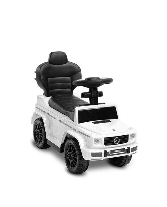 The Mercedes G 350 D vehicle from Toyz is a licensed ride-on, walker and pusher in one. Its appearance reflects the appearance of the cult G-class cars. Using the opening barriers, retractable footrests and a handle to guide the vehicle, it becomes a pusher designed for the youngest children. By disassembling individual elements, the parent can quickly transform it into a ride-on for the child to move on his own. Driving a Mercedes will be diversified by a steering wheel with sound effects.