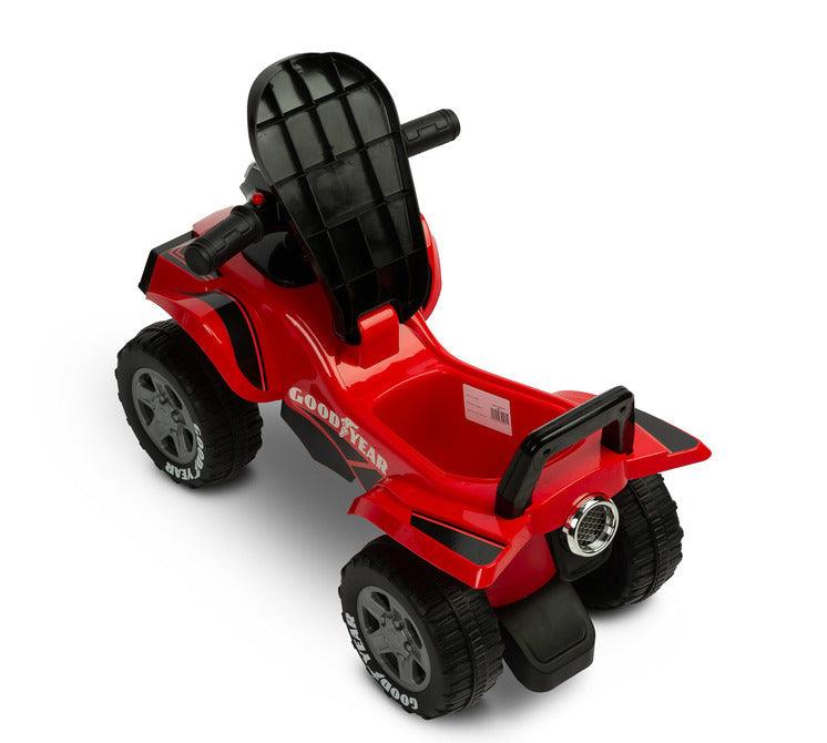 The Goodyear quad ride-on from TOYZ is a toy designed for children aged 1 to 3 years. The toy in the shape of a four-wheeled vehicle is equipped with a steering wheel with buttons responsible for the sound of the horn and the engine being turned on. The product is made of high-quality materials, which guarantees its durability and reliability. The toy is easy to clean and store. The ride-on has protection against tipping backwards.