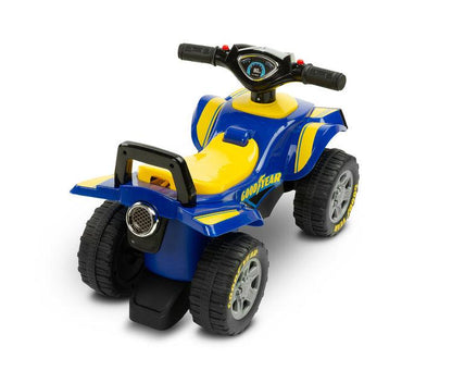 The Goodyear quad ride-on from TOYZ is a toy designed for children aged 1 to 3 years. The toy in the shape of a four-wheeled vehicle is equipped with a steering wheel with buttons responsible for the sound of the horn and the engine being turned on. The product is made of high-quality materials, which guarantees its durability and reliability. The toy is easy to clean and store. The ride-on has protection against tipping backwards.