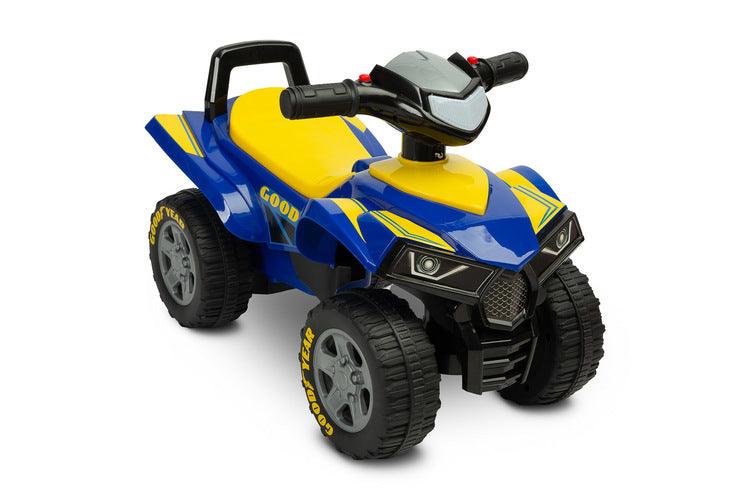 The Goodyear quad ride-on from TOYZ is a toy designed for children aged 1 to 3 years. The toy in the shape of a four-wheeled vehicle is equipped with a steering wheel with buttons responsible for the sound of the horn and the engine being turned on. The product is made of high-quality materials, which guarantees its durability and reliability. The toy is easy to clean and store. The ride-on has protection against tipping backwards.