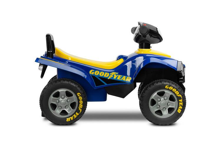 The Goodyear quad ride-on from TOYZ is a toy designed for children aged 1 to 3 years. The toy in the shape of a four-wheeled vehicle is equipped with a steering wheel with buttons responsible for the sound of the horn and the engine being turned on. The product is made of high-quality materials, which guarantees its durability and reliability. The toy is easy to clean and store. The ride-on has protection against tipping backwards.