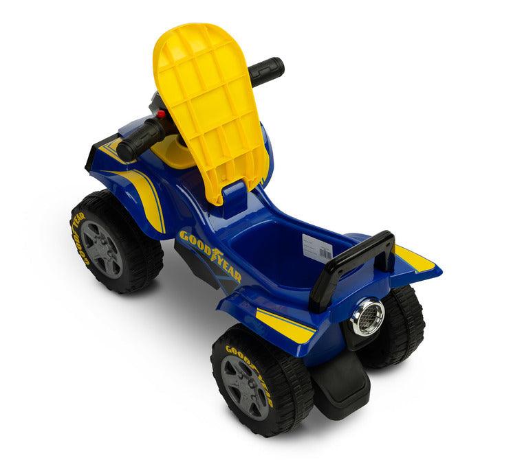 The Goodyear quad ride-on from TOYZ is a toy designed for children aged 1 to 3 years. The toy in the shape of a four-wheeled vehicle is equipped with a steering wheel with buttons responsible for the sound of the horn and the engine being turned on. The product is made of high-quality materials, which guarantees its durability and reliability. The toy is easy to clean and store. The ride-on has protection against tipping backwards.