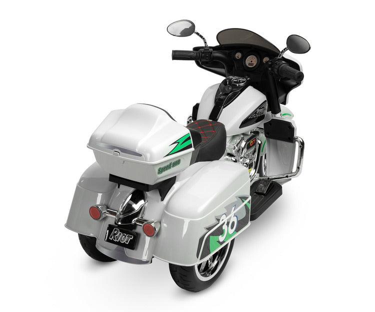 Riot is a unique three-wheeled motorcycle from Toyz, thanks to which children will be able to experience a motorcycle adventure. Just like a real motorcycle, the Riot has an easy-to-use handlebar throttle and brake pedal. Driving comfort is guaranteed by solid EVA foam wheels, a comfortable eco-leather seat and a multimedia panel with bluetooth. There is also a horn button in the multimedia panel, and a siren button in the police model.