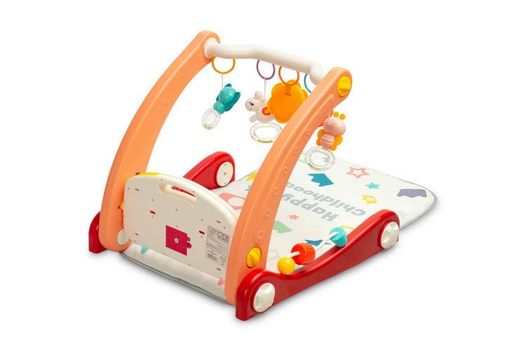 A walker with a 2-in-1 music mat is a colorful toy for babies who are taking their first steps. The mat is equipped with a headband with rattles in the shape of friendly animals hung on it and a mirror that will delight the baby. After loosening the front wheels and detaching the mat, the child can easily guide his pusher. A multimedia panel with large buttons will make the fun more enjoyable, and the sensory toys mounted on the sides will help in the child's development.