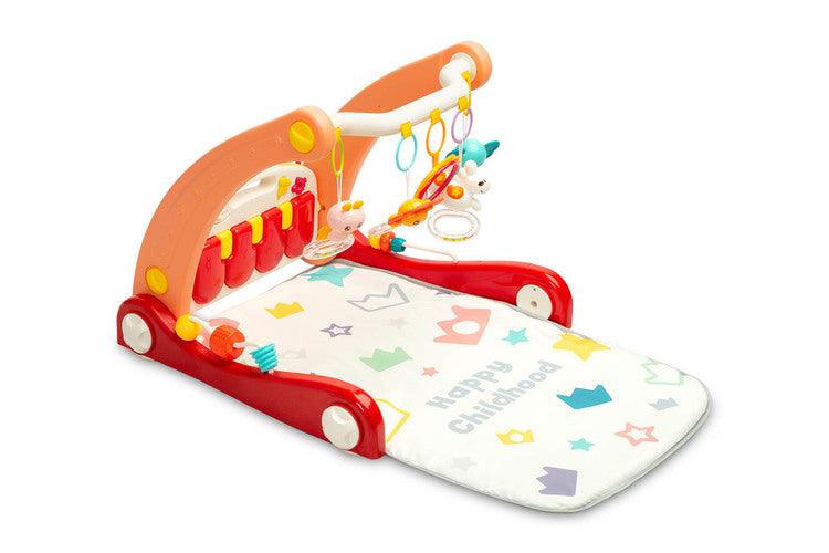 A walker with a 2-in-1 music mat is a colorful toy for babies who are taking their first steps. The mat is equipped with a headband with rattles in the shape of friendly animals hung on it and a mirror that will delight the baby. After loosening the front wheels and detaching the mat, the child can easily guide his pusher. A multimedia panel with large buttons will make the fun more enjoyable, and the sensory toys mounted on the sides will help in the child's development.