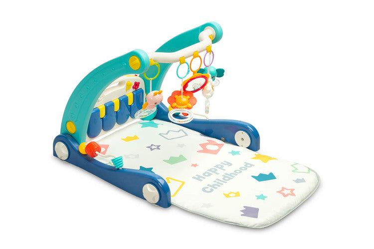 A walker with a 2-in-1 music mat is a colorful toy for babies who are taking their first steps. The mat is equipped with a headband with rattles in the shape of friendly animals hung on it and a mirror that will delight the baby. After loosening the front wheels and detaching the mat, the child can easily guide his pusher. A multimedia panel with large buttons will make the fun more enjoyable, and the sensory toys mounted on the sides will help in the child's development.