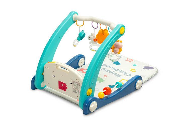 A walker with a 2-in-1 music mat is a colorful toy for babies who are taking their first steps. The mat is equipped with a headband with rattles in the shape of friendly animals hung on it and a mirror that will delight the baby. After loosening the front wheels and detaching the mat, the child can easily guide his pusher. A multimedia panel with large buttons will make the fun more enjoyable, and the sensory toys mounted on the sides will help in the child's development.