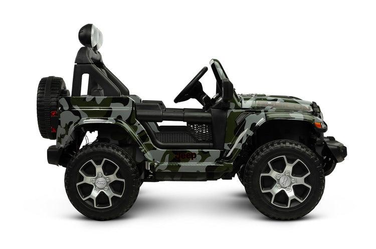Jeep Rubicon is a battery vehicle, which is a licensed version of the well-known off-roader. The faithful reproduction of the Jeep's appearance will delight both small drivers and parents. Driving comfort is ensured by rear axle shock absorption and a seat with eco-leather upholstery. Easier off-road driving will be ensured by 4 motors driving 30-centimeter wheels made of EVA foam.