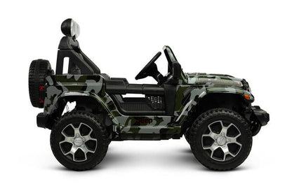 Jeep Rubicon is a battery vehicle, which is a licensed version of the well-known off-roader. The faithful reproduction of the Jeep's appearance will delight both small drivers and parents. Driving comfort is ensured by rear axle shock absorption and a seat with eco-leather upholstery. Easier off-road driving will be ensured by 4 motors driving 30-centimeter wheels made of EVA foam.