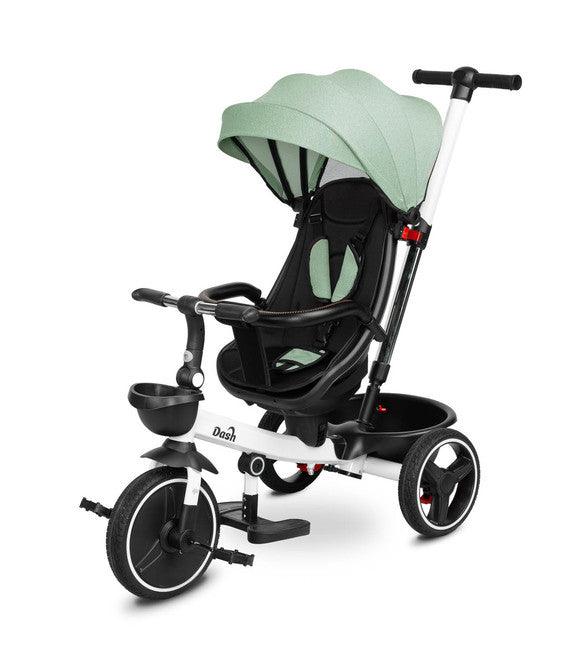 he Dash tricycle is a great alternative to a stroller. It can be used as a bicycle on which the child can ride alone, and as a stroller with a roof, in which the child can be transported both forward and rearward facing. There are baskets at the front and back of the bike that allow you to carry small items. The bike is equipped with 2 footrests: protruding from the bike's frame and attached to the seat. Each of the footrests is adjustable for the comfort of the child. 