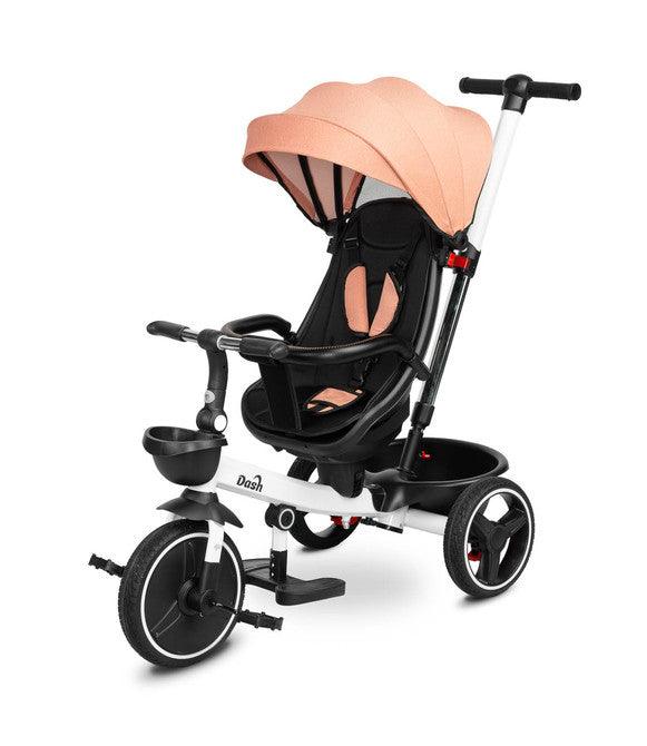 he Dash tricycle is a great alternative to a stroller. It can be used as a bicycle on which the child can ride alone, and as a stroller with a roof, in which the child can be transported both forward and rearward facing. There are baskets at the front and back of the bike that allow you to carry small items. The bike is equipped with 2 footrests: protruding from the bike's frame and attached to the seat. Each of the footrests is adjustable for the comfort of the child. 