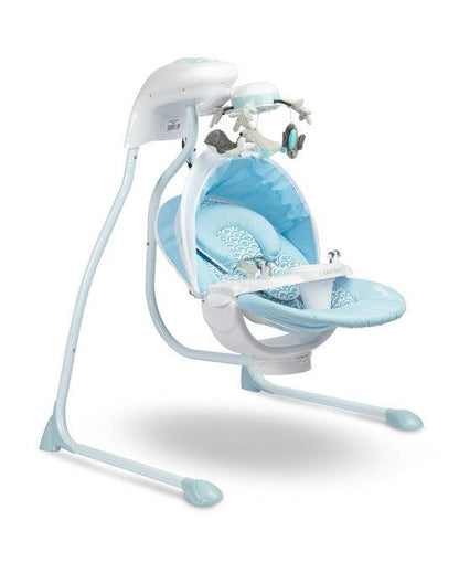 Raffi is a high-class electric swing designed for babies. A comfortable seat with a pillow allows you to use it from the first days of a baby's life. The two-stage backrest adjustment allows you to put the child in a lying or semi-reclining position. By turning the seat by 90 degrees (left or right) you can change the way of rocking (right-left to front-back. The swing has an electric carousel with lights and a removable tray for easy childcare. 