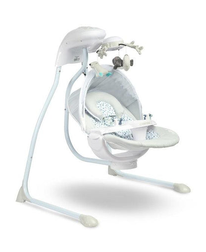 Raffi is a high-class electric swing designed for babies. A comfortable seat with a pillow allows you to use it from the first days of a baby's life. The two-stage backrest adjustment allows you to put the child in a lying or semi-reclining position. By turning the seat by 90 degrees (left or right) you can change the way of rocking (right-left to front-back. The swing has an electric carousel with lights and a removable tray for easy childcare. 