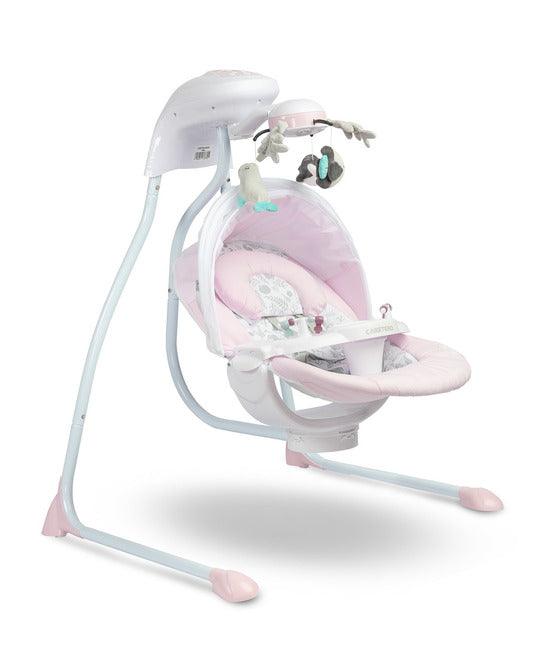 Raffi is a high-class electric swing designed for babies. A comfortable seat with a pillow allows you to use it from the first days of a baby's life. The two-stage backrest adjustment allows you to put the child in a lying or semi-reclining position. By turning the seat by 90 degrees (left or right) you can change the way of rocking (right-left to front-back. The swing has an electric carousel with lights and a removable tray for easy childcare. 