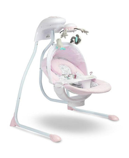 Raffi is a high-class electric swing designed for babies. A comfortable seat with a pillow allows you to use it from the first days of a baby's life. The two-stage backrest adjustment allows you to put the child in a lying or semi-reclining position. By turning the seat by 90 degrees (left or right) you can change the way of rocking (right-left to front-back. The swing has an electric carousel with lights and a removable tray for easy childcare. 