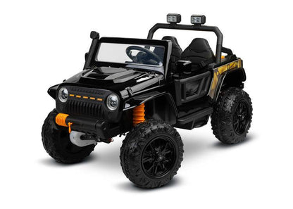 Ringo is a battery off-road vehicle inspired by the iconic Jeep Wrangler. Its unusual appearance will appeal to small drivers who dream of overcoming difficult obstacles. Off-road driving is facilitated by 4 powerful motors that power each wheel separately, 18-centimeter ground clearance and 30-centimeter tires with large tread made of EVA foam. Driving comfort is ensured by shock absorbers on the rear axle, a comfortable seat upholstered with eco-leather and a music panel with bluetooth and usb.