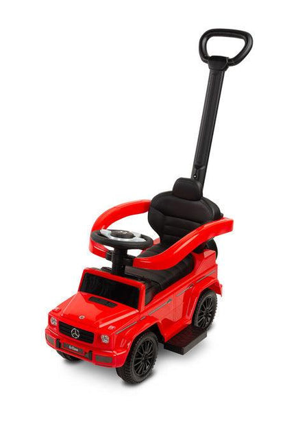 The Mercedes G 350 D vehicle from Toyz is a licensed ride-on, walker and pusher in one. Its appearance reflects the appearance of the cult G-class cars. Using the opening barriers, retractable footrests and a handle to guide the vehicle, it becomes a pusher designed for the youngest children. By disassembling individual elements, the parent can quickly transform it into a ride-on for the child to move on his own. Driving a Mercedes will be diversified by a steering wheel with sound effects.