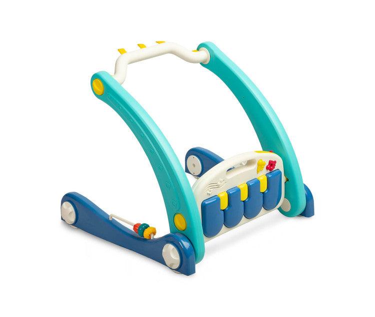 A walker with a 2-in-1 music mat is a colorful toy for babies who are taking their first steps. The mat is equipped with a headband with rattles in the shape of friendly animals hung on it and a mirror that will delight the baby. After loosening the front wheels and detaching the mat, the child can easily guide his pusher. A multimedia panel with large buttons will make the fun more enjoyable, and the sensory toys mounted on the sides will help in the child's development.