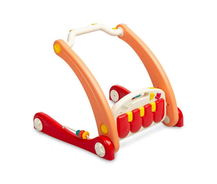 A walker with a 2-in-1 music mat is a colorful toy for babies who are taking their first steps. The mat is equipped with a headband with rattles in the shape of friendly animals hung on it and a mirror that will delight the baby. After loosening the front wheels and detaching the mat, the child can easily guide his pusher. A multimedia panel with large buttons will make the fun more enjoyable, and the sensory toys mounted on the sides will help in the child's development.