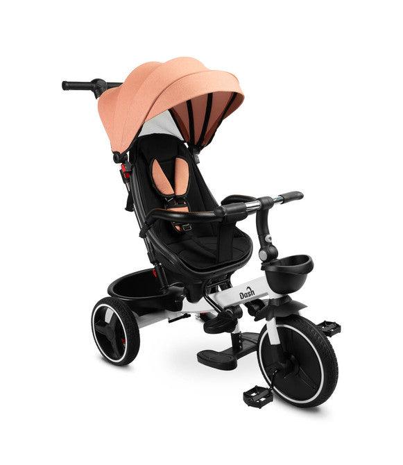 he Dash tricycle is a great alternative to a stroller. It can be used as a bicycle on which the child can ride alone, and as a stroller with a roof, in which the child can be transported both forward and rearward facing. There are baskets at the front and back of the bike that allow you to carry small items. The bike is equipped with 2 footrests: protruding from the bike's frame and attached to the seat. Each of the footrests is adjustable for the comfort of the child. 